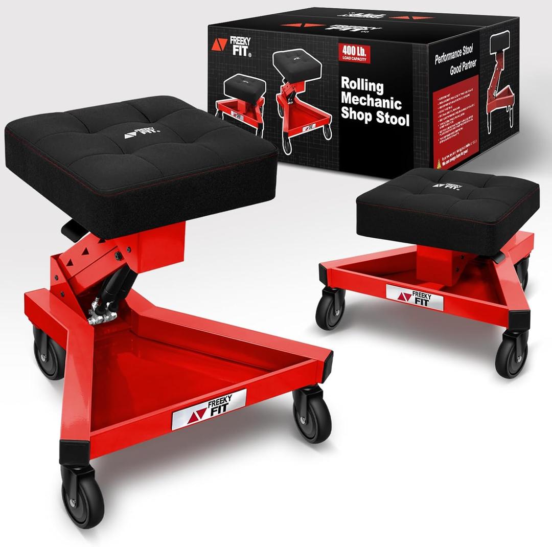 Mechanic Stool with Wheels, Hydraulic Adjustable Shop Stool on Wheels, Garage Work Rolling Chair for Workshop, 400 LBS Capacity, 4 Inch Casters, 360 Swivel Casters Roller Chair, Red