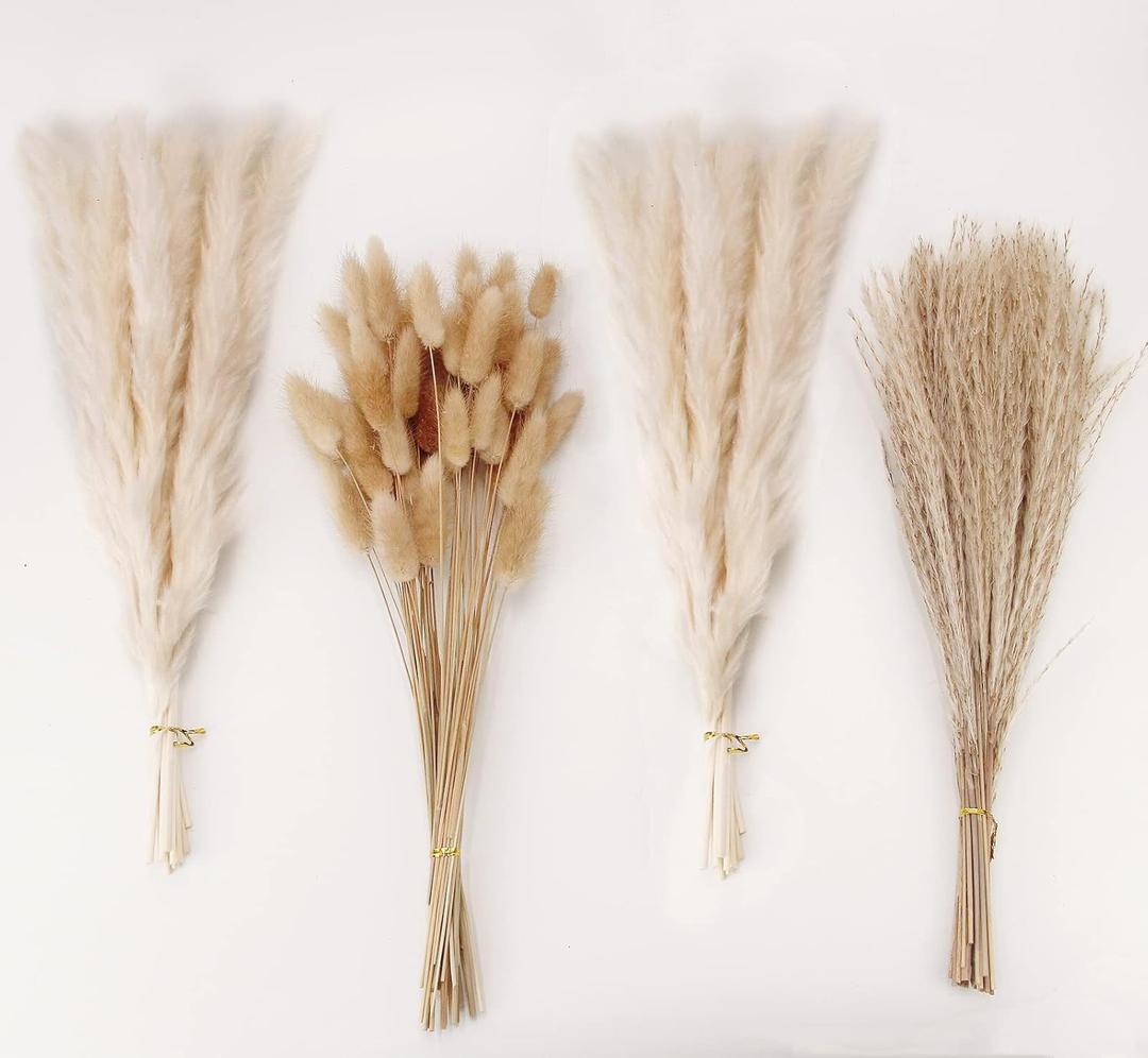 Natural Dried Pampas Grass Decor, White Pampas Grass Bunny Tails Dried Flowers, Reed Grass Bouquet for Wedding Boho Flowers Home Table Decor, Rustic Farmhouse Party (100 in Total )