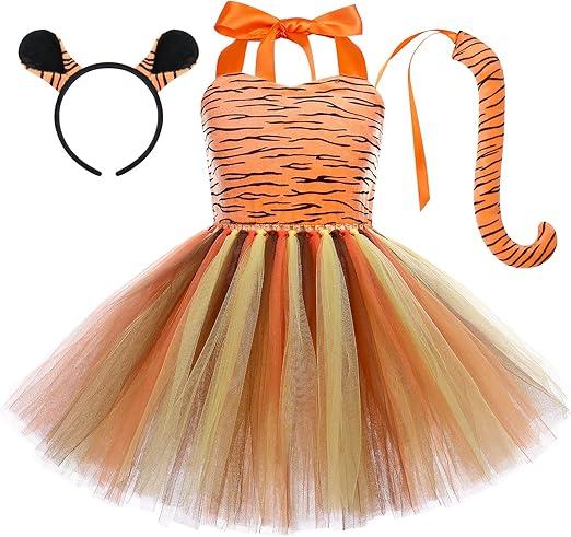 IWEMEK Girls Tiger Cosplay Costume 3pcs with Tiger Ears Headband Tiger Tail Animal Fancy Costume Kit Halloween Cosplay Birthday Party Outfits Baby Girl Jungle Themed Cosplay Dress Tiger 5-6 Years