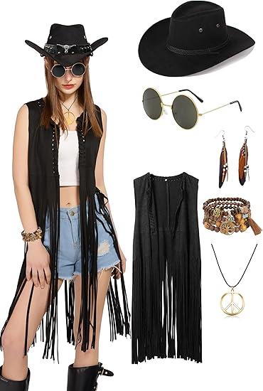 6 PC Cowgirl Western Outfits for Women Retro Cowgirl Costumes Fringe Vest Cow Girl Hat for Women Country 70s Hippie Outits, Size S