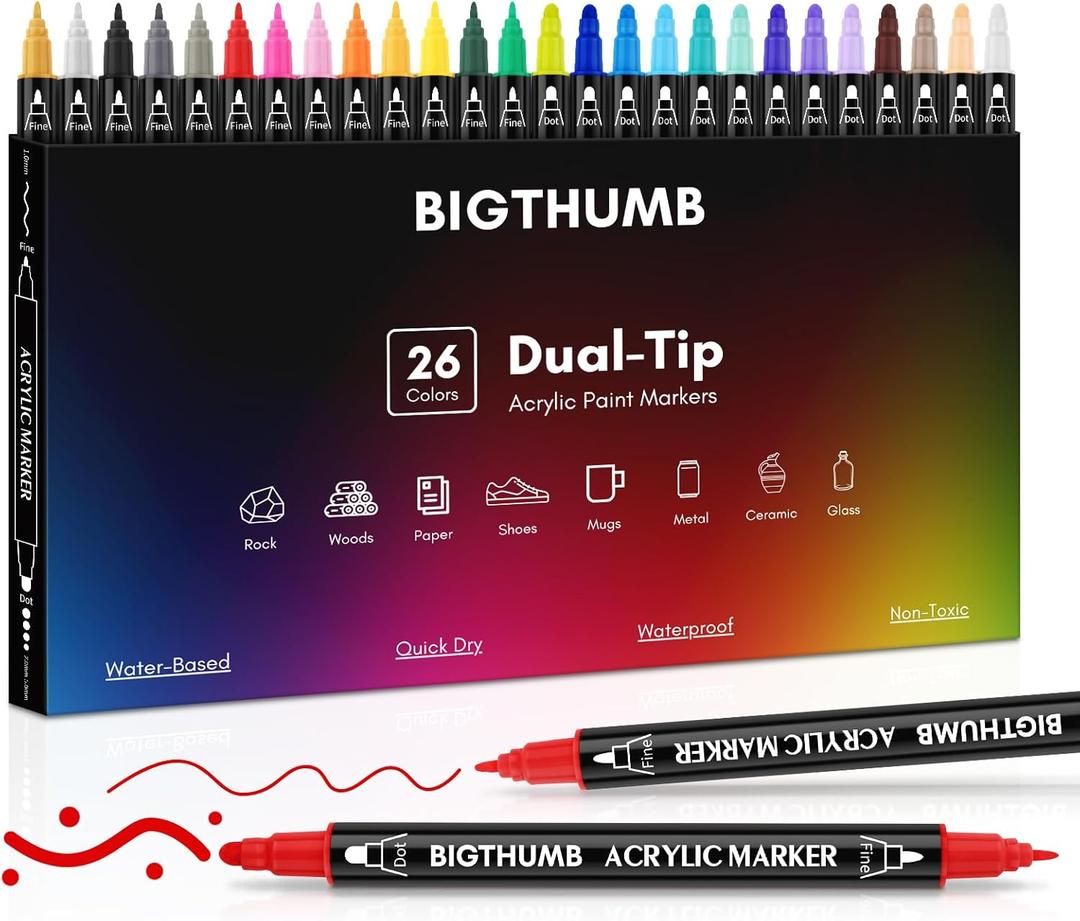 BIGTHUMB 26 Colors Acrylic Paint Pens, Dual Tip Acrylic Paint Markers with Fine Tip and Dot Tip, Paint Markers for Painting Rock, Wood, Canvas, Glass, Ceramic, DIY Crafts Making Art Supplies