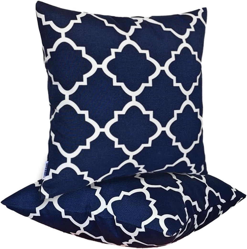 JMGBird Water-Resistant Outdoor Pillows Set of 2, 18x18 inch Durable Navy Blue Grid Pattern Throw Pillows with Inserts for Patio Furniture