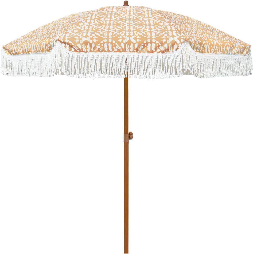 AMMSUN 7ft Patio Umbrella with Fringe Outdoor Tassel Umbrella UPF50+ Premium Steel Pole and Ribs Push Button Tilt, Retro Bohemian