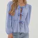 PRETTYGARDEN Women's Spring Fall Babydoll Peplum Blouse Shirt Puff Long Sleeve Bow Tie Front Trendy Cute Y2K Going Out Tops (Blue)