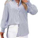 siliteelon Blue and White Striped Button Down Shirts for Women Long Sleeve Blouses Collared Smocked Cuff Boyfriend Plus Business Casual Tops Pocket (White, XL)