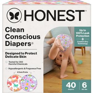 The Honest Company Comfort Dry Disposable Daytime Diapers for Sensitive Skin, Hypoallergenic, Fragrance-Free, Sky's the Limit + Wingin It, Club Box, Size 6 (35 lbs), 40 Count