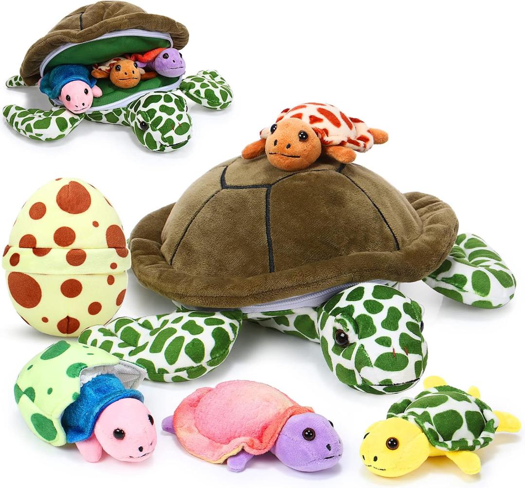 Aoriher 6 Pieces Sea Turtle Stuffed Animal with Babies 12" Mommy Stuffed Sea Turtle with 3 Little Plush 2 Plush Eggs Soft Pillow Tortoise Hugging Gifts for Kids Birthday Baby Shower Party(Modern)