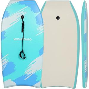 Bodyboard, Lightweight Body Board for Beach, Fit Kids and Adults | EPS Core and HDPE Slick Bottom, Coiled Wrist Leash, 41 inch