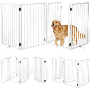 Metal Freestanding Dog Gates with Door for Indoor and Outdoor Use, 80'' Extra Wide and 32'' Tall Free Standing Dog Gate for Doorways, Large Openings, Deck, Yard, and Porch, Foldable Safety Pet Fence (White, 4 Panels)
