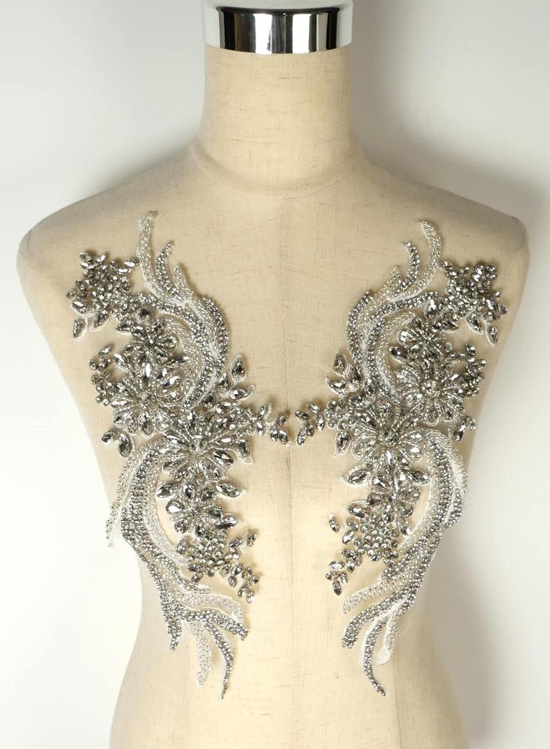 Silver Rhinestons Appliques, Beaded Appliques Embellishments,sew on for Dresses,Banquet Evening Gown, Photograph Shot,scrafts Decoration by Pair