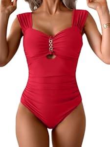 Eomenie Women's One Piece Swimsuit Tummy Control Cutout Bathing Suit Push Up Wide Straps Swim Suit (Large, Red)