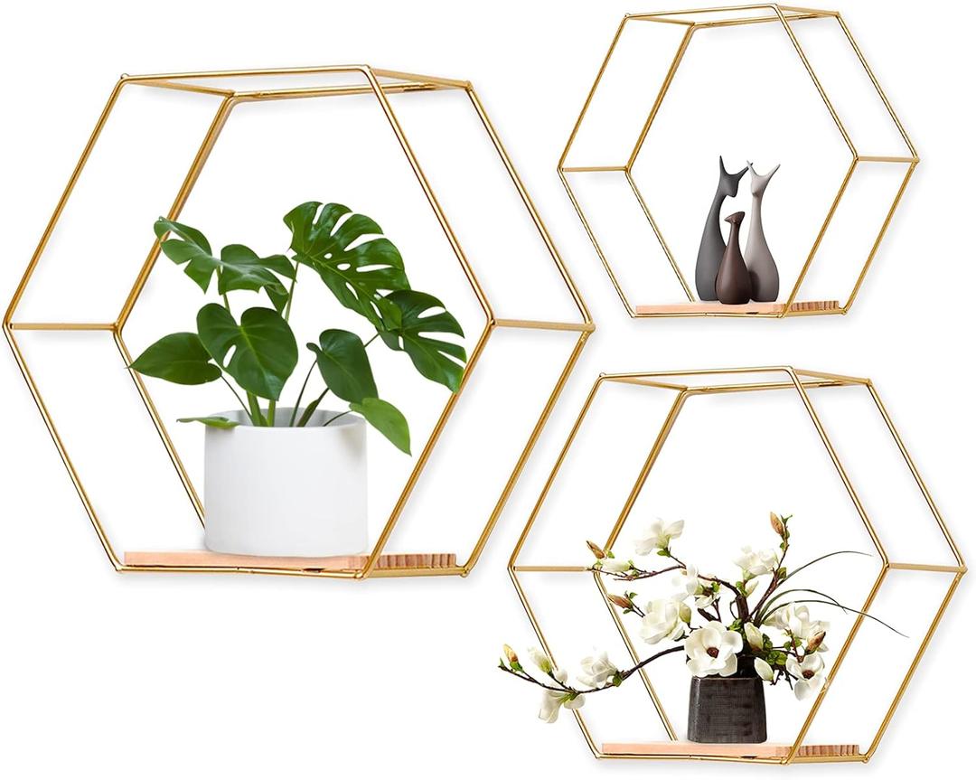 Wall Mounted Hexagonal Floating Shelves Set of 3 in Different Sizes, Modern Metal Wall Shelf, Simple Wood Partition Storage Shelves, Wall Decor Rack for Bedroom, Living Room, Kitchen and Office (Golden)