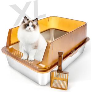 Stainless Steel Cat Litter Box, 23.6" x 15.7 x 11.8 Extra Large Semi Enclosed Litter Box for Big Cats High Sided Metal & Scoop Absorbs Odors, Anti-Urine Leakage, Non-Sticky & Easy Cleaning