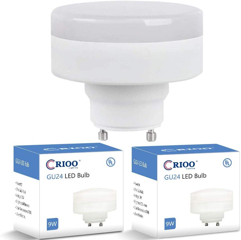 CRIOO GU24 LED Puck Light Bulb, 9W(60w CFL Equivalent), 2700K, 800LM, UL Listed, 2 Prong Light Bulbs for Home Kitchen Closet, Mini Twist Lock Spiral Low Profile Squat Bulb (2 Pack)