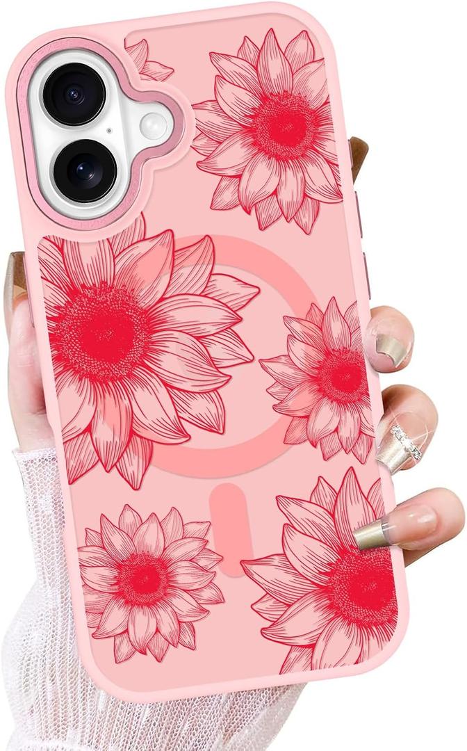 OOK Pink Case Design for iPhone 17 Case, Compatible with MagSafe, Cute Sunflower Floral Blooms Design Frosted Shockproof for Women Girls Magnetic Phone Cover - Pink Flower