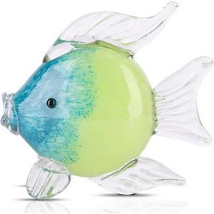 LCCCK Large Glass Fish Figurines Hand Blown Glass Fish Statue and Sculpture Home Decor, Murano Animal Tropical Sea Glass Paperweights for Desk, Glass Aquarium Coastal Beach Decorative (Green)