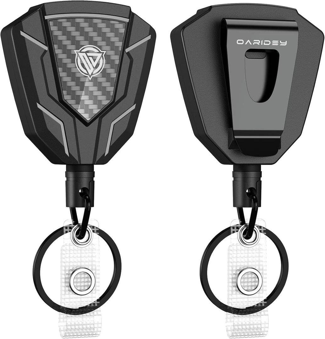 Oaridey Heavy Duty Retractable Keychain with Belt Clip, Retractable Badge Holders with Carbon Fiber Front, Badge Reels Retractable with Key Ring and 31.8 Steel Cord, 9oz Rebound - 2 Pack