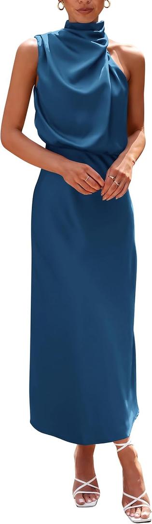 PRETTYGARDEN Women's 2026 Summer Satin Dress Elegant Sleeveless Mock Neck Cocktail Party Maxi Dresses (Blue, L)