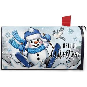 Hello Winter Skiing Snowman Mailbox Cover Magnetic Standard Size 21" x 19", Snowy Bird Decorative Post Letter Box Wrap Decor, Seasonal Christmas Snowflake Garden Yard Outdoor Decoration
