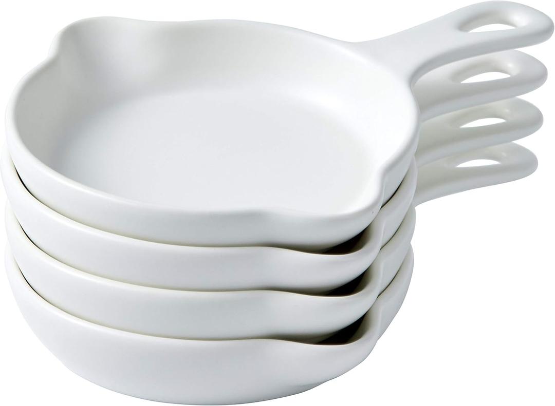 Bruntmor Pre-Seasoned 5" Matte Ceramic Cast iron Skillet Look Serving dessert Appetizer Plates, Dishwasher and Oven Safe, Dinner Set of Skillet - Set of 4 (White)