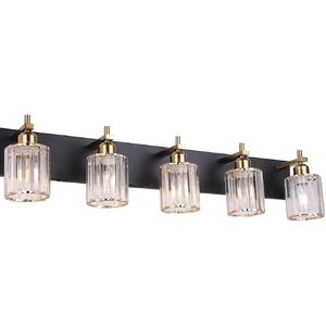 5-Light Vanity Lights for Bathroom: Black Gold Vanity Lights with Crystal Glass Shade, Modern Crystal Bathroom Light Fixtures Over Mirror, 34inch Black Gold Wall Sconce for Bath, E26 Base