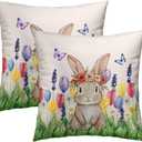 Easter Bunny with Flower Wreath Throw Pillow Covers 18X18 Inches Set of 2 Spring Colorful Tulip Butterflies Pillowcase Soft Cotton Square Seasonal Cushion Covers for Living Room Sofa Bedroom Decor