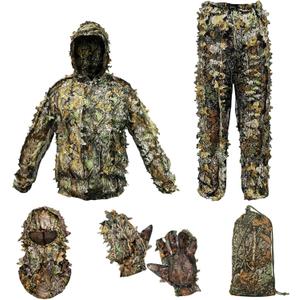 Ghillie Suit Camouflage Hunting Suits Outdoor 3D Leaf Lifelike Camo Clothing Lightweight Breathable Hooded Apparel (Fit tall 4.9-5.9ft, Dark Green)
