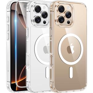 FNTCASE for iPhone 16 Pro-Max Case: Clear Magnetic Phone Cases with Screen Protector Compatible with Magsafe Slim Anti Yellowing Rugged Shockproof Protective Transparent Cell Cover (A-Clear)