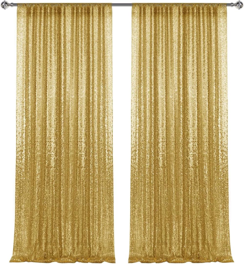 28FT-2PCS Gold Sequin Backdrop Curtains Panels, Photography Backdrop Glitter Curtains Fabric Background for Christmas Wedding Party Decor
