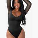 FeelinGirl Long Sleeve Bodysuit for Women Sexy Mesh V Neck Body Suits Thong Corset Top Going Out Outfits for Party XL