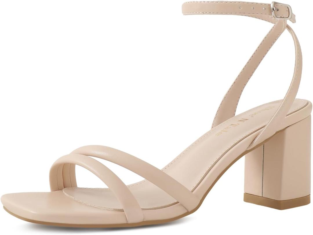 Shoe'N Tale Strappy Heels for Women Square Toe Chunky Block Heels Ankle Buckle Heeled Sandals (7.5, Light Nude)