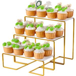 12 Inch 3 Tier Serving Stand Polypropylene Serving Platter Tier Serving Trays with Collapsible Sturdier Rack, Serving Dishes and Platters for Thanksgiving, Christmas, Entertaining, Gold,