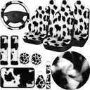 Plush Cow Print Car Accessories Full Sets Warm Cow Print Car Seat Covers Winter Christmas Car Seat Cover Rubber Steering Wheel Cover Armrest Pad Cover Seat Belt Pads Wrist Holder Keychain (Cow Print)