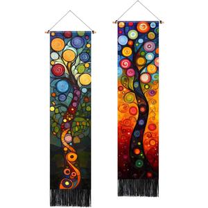 AOHMPT Pack of 2 Long Vertical Tapestry,Nature Landscape Tapestry with Serene Mountain River, Moon & Sun Motifs,Traditional Ink Painting Wall Art , Zen Aesthetic Wall Hanging for Living Room Bedroom Decor 13" W x 51" H" (Tree of Life)