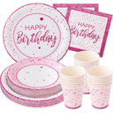 Royal Bluebonnet Hot Pink Birthday Plates  - 9 and 7 inch Plates, Napkins, and Cups Party Supplies, Sturdy 400 GSM Weighted Pink Birthday Decorations for Girls, Women, and Tweens