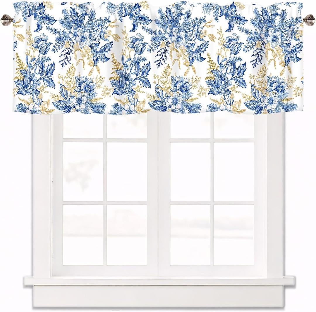 Blue Floral Kitchen Valances for Windows, Valance Curtain Farmhouse Rod Pocket Window Treatments Short Curtains for Kitchen Bedroom Bathroom Living Room 1 Panel, 42x12 Inch