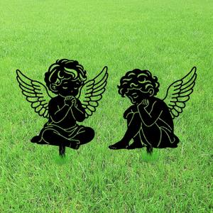 GLOBLELAND 2pcs Little Angel Mental Garden Stakes Black Silhouette Guardian Angel Decorative Yard Stakes Spring Trees Metal Outdoor Art Decor for Yard Patio Lawn Walkway Ornament