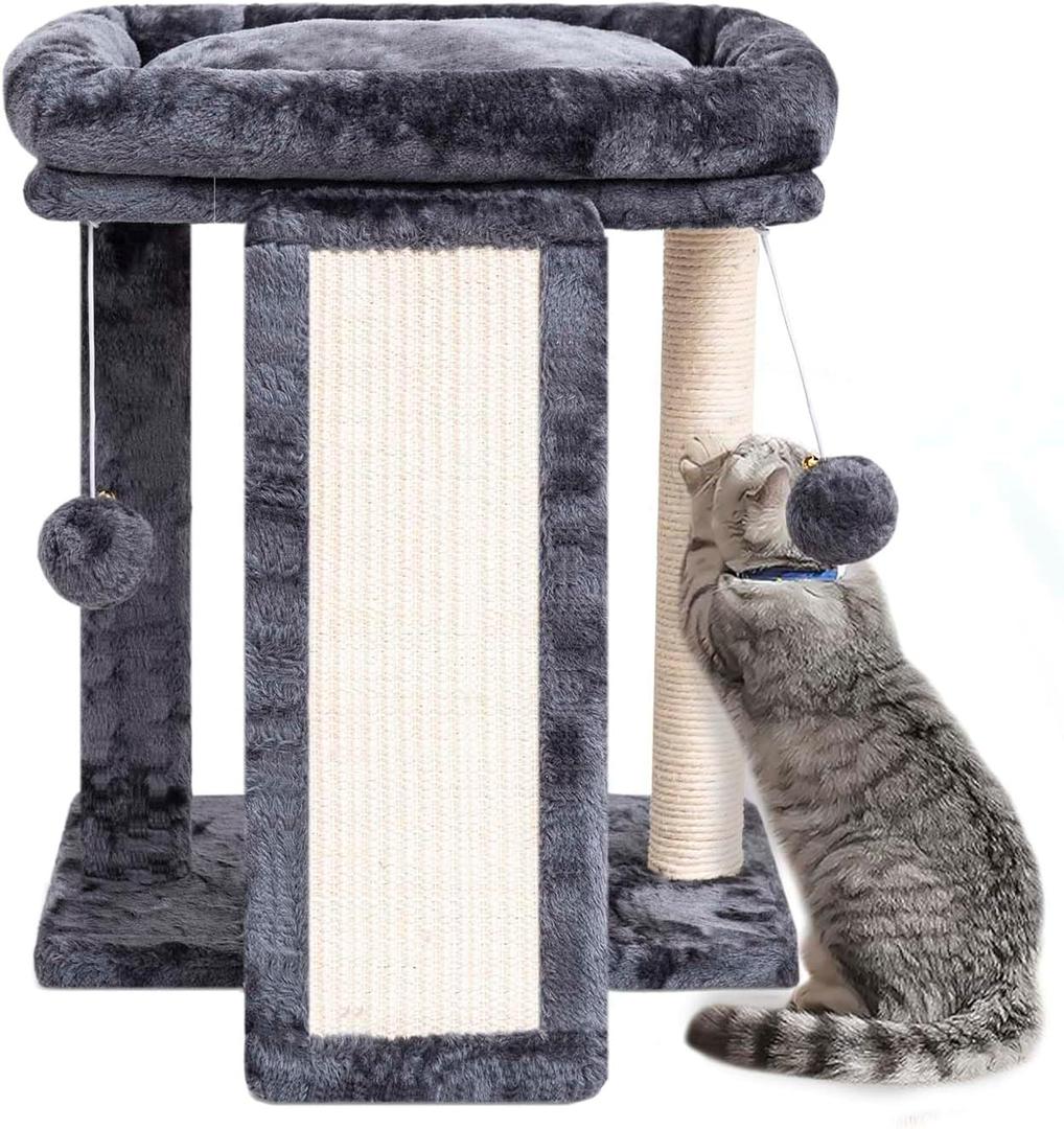 SYANDLVY Cat Scratching Board with Perch, Cat Post Scratcher for Indoor Cats, Scratching Post with 2 Dangling Balls, Great for Kittens (Smoky Grey)