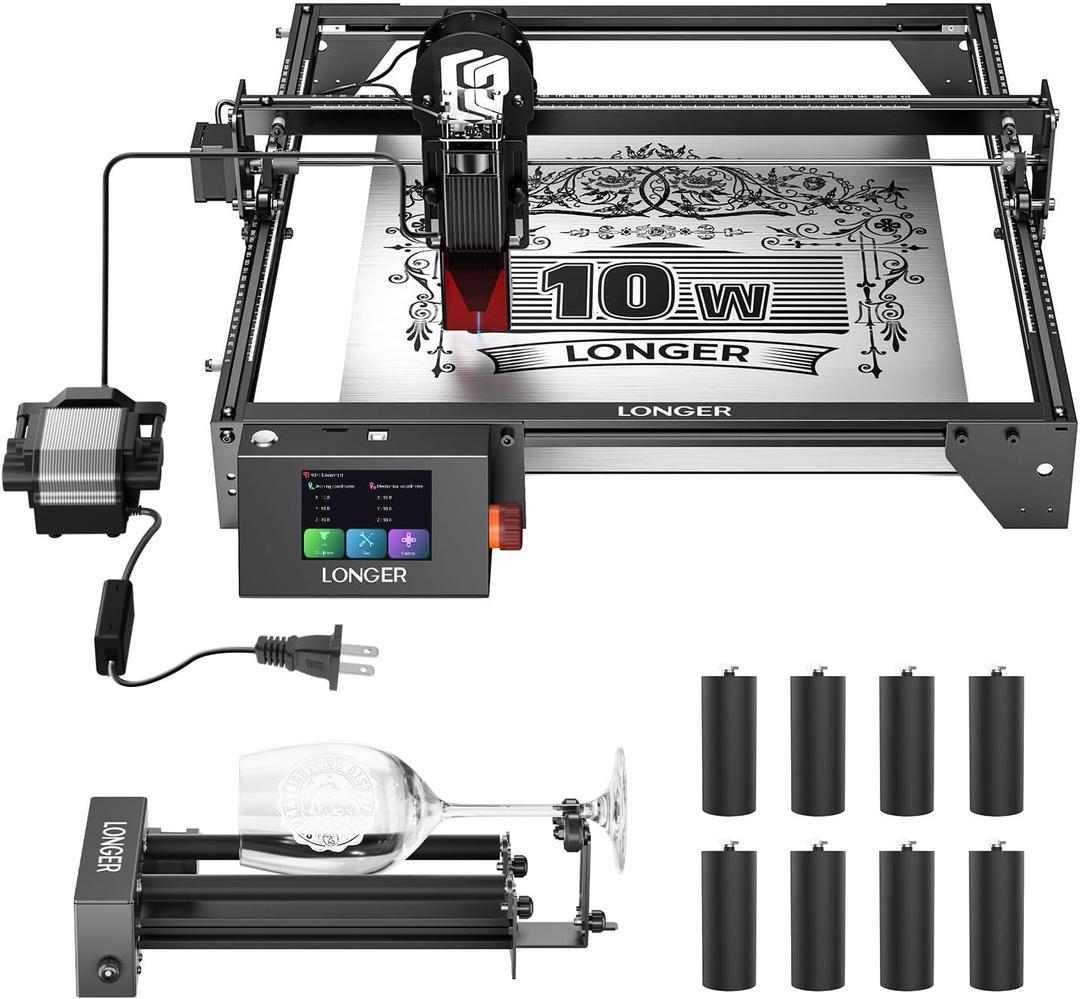 Longer RAY5 10W Laser Engraver with Air Assist Kit, Rotary Roller kit, and 8 Pcs Raiser, High Precision Laser Cutter and Engraver for Wood, Metal, Acrylic, Cylindrical Objects, Tumblers