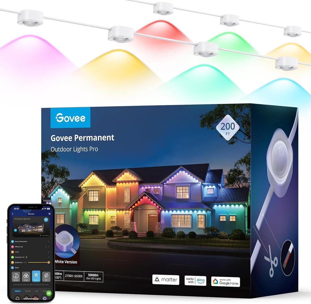 Govee Permanent Outdoor Lights Pro, 200ft with 120 RGBIC LED Lights for Daily and Accent Lighting, 75 Scene Modes for Outdoor Decor, IP67 Waterproof, Works with Alexa, Google Assistant, Matter, White