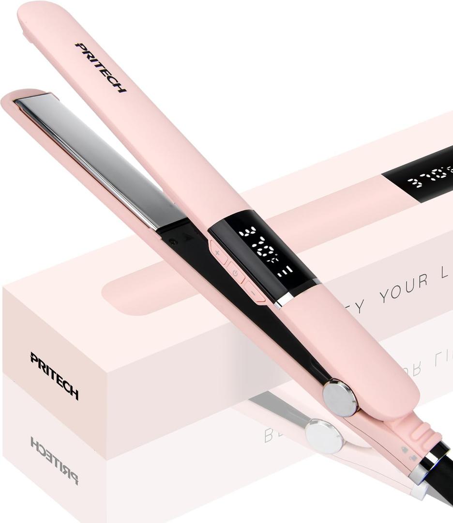 PRITECH Flat Iron Hair Straightener, Titanium Flat Iron with Adjustable Temp(290F-450F), 1 inch Plate for All Hairstyles Anti-Frizz Dual Voltage Straightening and Curler 2 in 1 (Pink)