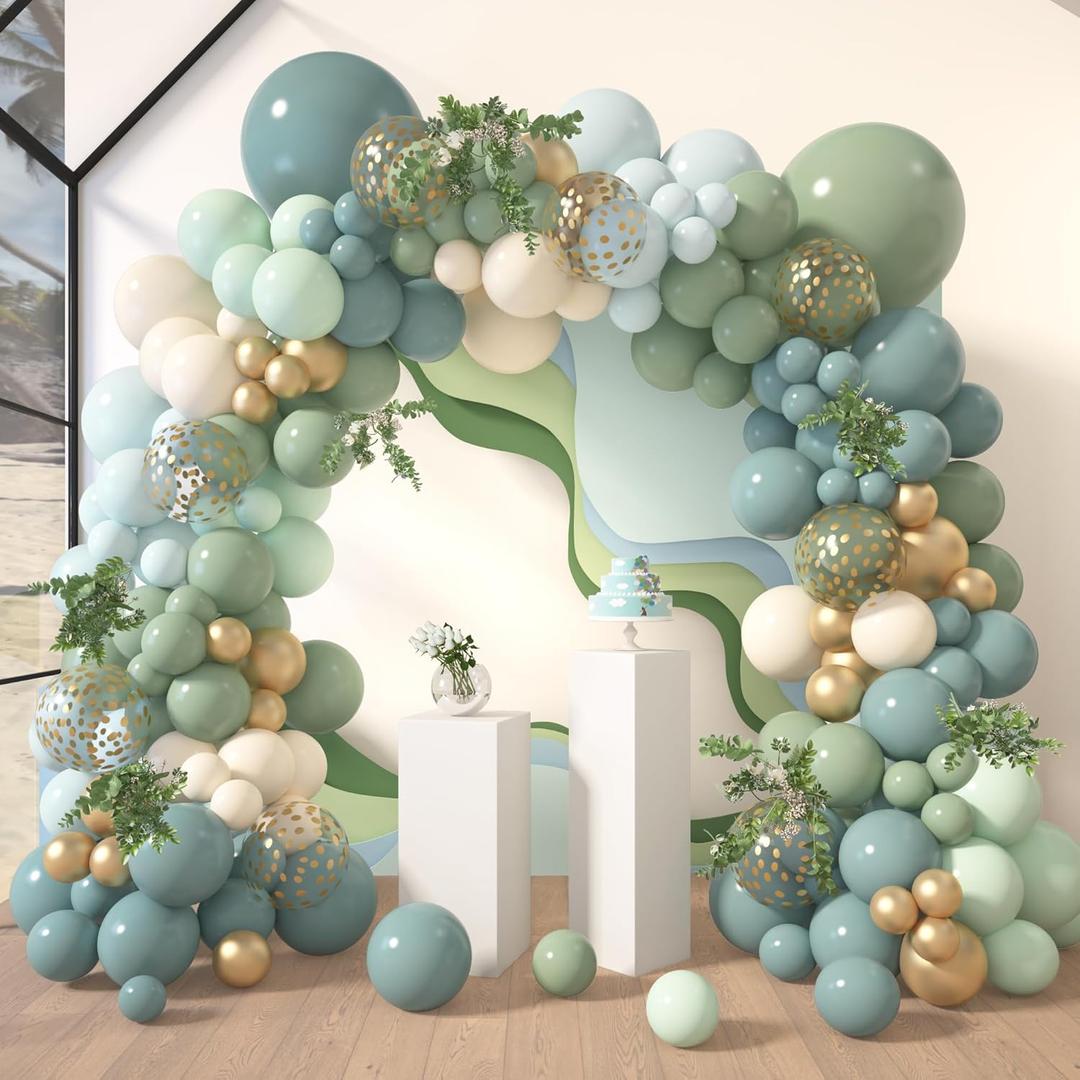 Amandir 173Pcs Dusty Blue Green Balloon Garland Arch Kit, Haze Fog Blue Ash Mist Sage Green Sand White Gold Confetti Balloons for Baby Shower Wedding Bridal Boho Birthday Party Backdrop Decorations