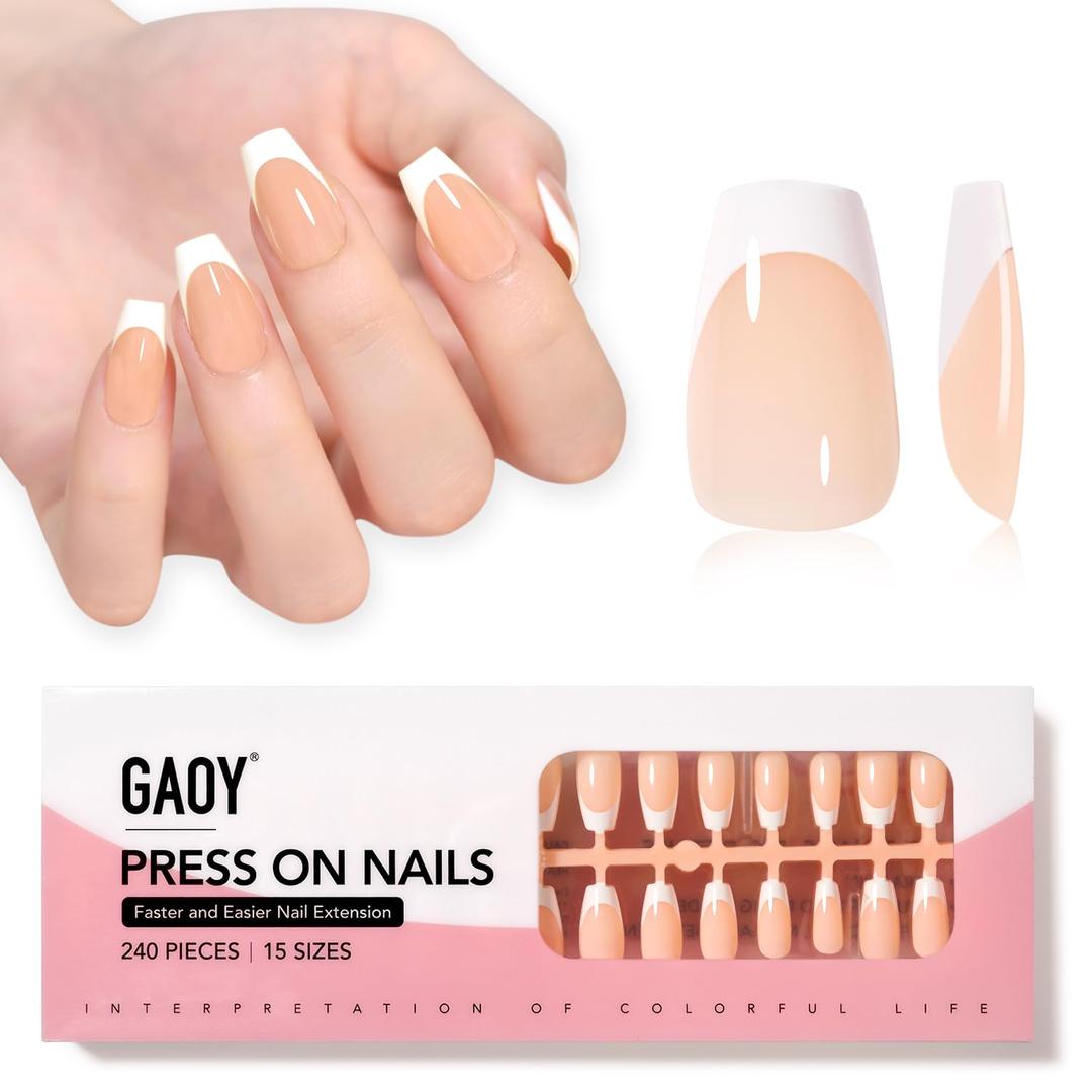 GAOY French Gel Nail Tips, 240Pcs Press on Nails Clear Natural Nude Short Coffin, Pre-applied Primer and Base Coat Cover, 15 Sizes Pre-filed Fake Tips for Extension