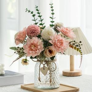 Fake Flowers with Vase, Faux Flowers in Vase for Home Decor, Silk Pink Dahlia Artificial Flowers with Vase for Coffee Table Decor, Living Room Bathroom Plant Decor, Centerpiece Table Decorations