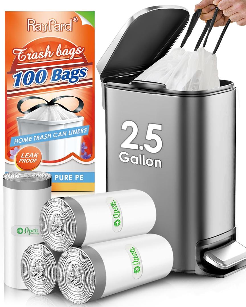 2.5 Gallon/10 Liter 100 Counts Strong Drawstring Trash Bags Garbage Bags by RayPard, Small Plastic Bags, Trash Can Liners for Home Office Kitchen Bathroom Bedroom, White Waste Basket Liners (White)