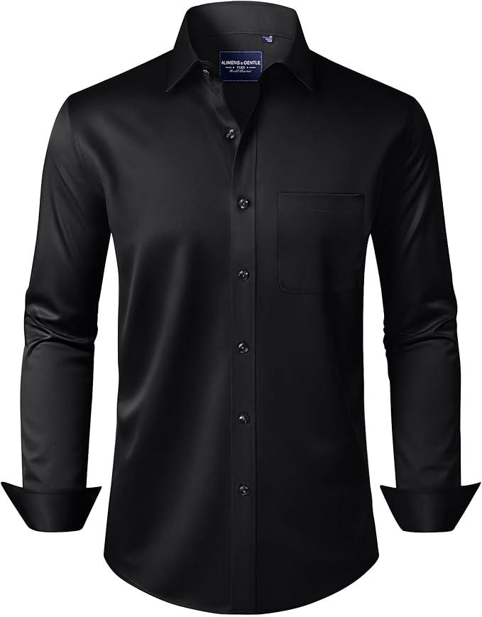 Alimens & Gentle Men's Dress Shirts Long Sleeve Wrinkle-Free Stretch Shirts Solid Formal Button Down Shirt with Pocket, XL
