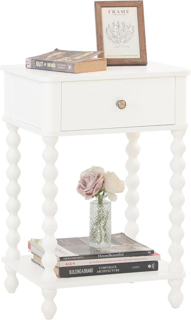 AWASEN White Nightstand, Small Side Table with Drawer for Living Room, Farmhouse End Bedside Table with Spindle Wood Legs for Bedroom, Office, White