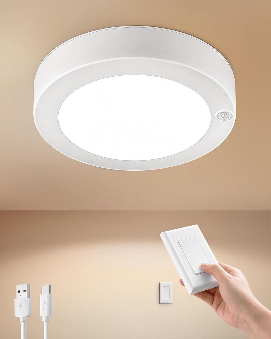 SURAIELEC Rechargeable Ceiling Light with Wall Switch, 8000mAh Battery Ceiling Light Indoor, Wall Switch Remote or Motion Sensor, 6500K 300LM, Battery Lights No Wiring for Shed, Pantry, Closet, 1-Pack