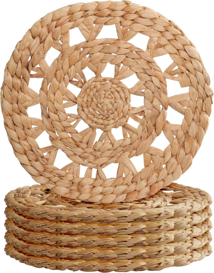 MIXUMON Woven Placemats Round, Natural Water Hyacinth Wicker Placemat for Dining Table, Large Handmade Woven Placemats Heat Resistant Non-Slip (13" - Set of 6)