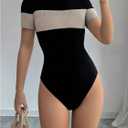 WDIRARA Women's Color Block Short Sleeve Bodysuit Turtle Neck Ribbed Knit Leotard Black X-Large